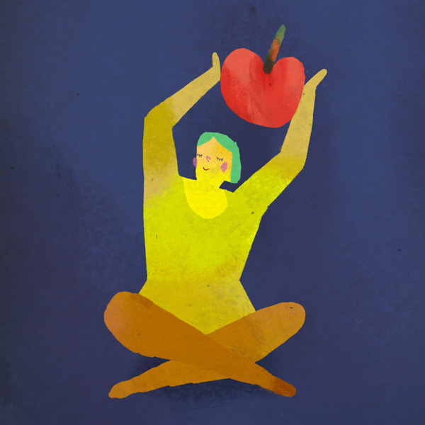 Ilustración de una mujer en postura de loto con una manzana sobre la cabeza. Cómo aprendo a querer a mi cuerpo.
